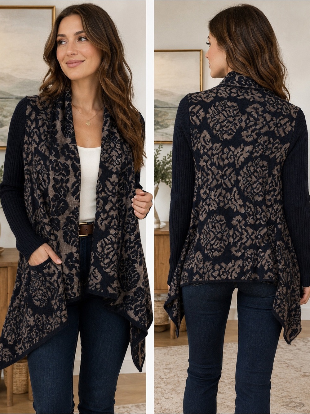 Silvia Novelli NOBA Merino Wool Blend Waterfall Cardigan Taupe Navy S Made Italy